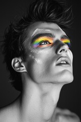 Sticker - A black-and-white portrait of a male model with rainbow-colored makeup highlighting the eyes.