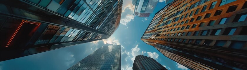 Low-angle view of tall skyscrapers against a bright blue sky, showcasing modern architecture and urban landscape.