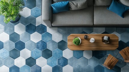 Top view of a geometric tile pattern with a mix of hexagons and squares in shades of blue and gray, laid out on a modern living room floor