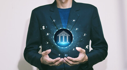 Poster - International currency transfer concept. central bank layout surrounded currency signs: dollar, euro, ruble and yen. Digital connect system. Currency Exchange Concepts and Interbank Payments. 