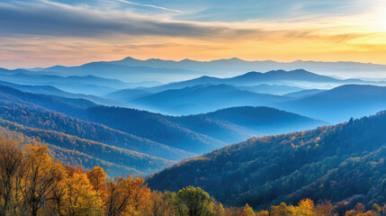 Wall Mural - Autumn view of the mountain range on sunset