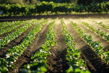 Lush green rows of young crops in a field with sunlight creating a misty atmosphere, showcasing agricultural growth and freshness.