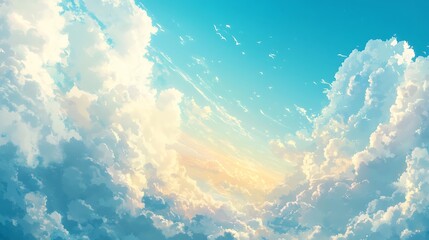 Poster - A beautiful blue sky with fluffy white clouds and birds flying overhead, illuminated by a golden sunset.