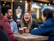 © Peter - Warm and Lively Outdoor Bar Gathering with Friends Laughing and Sharing Beer, Macro Lens Highlights Genuine Expressions of Camaraderie