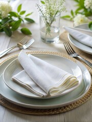 Elegantly Set Table: Crisp white linen napkin artfully folded on a textured ceramic plate, showcasing a refined table setting for special occasions. 