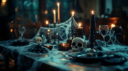 Spooky Halloween table setting with dark candles, cobwebs and small skull decorations with a shadowy background of an old haunted house