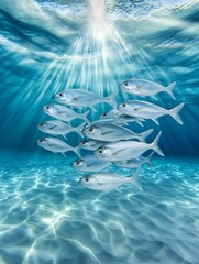 Poster - A school of fish swimming in the ocean, representing the flow of energy within the marine ecosystem, first person view, the sunlight penetrating through the water adds depth, more clarity with clear