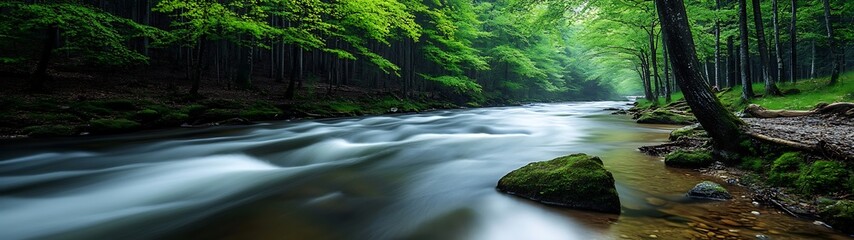 Wall Mural - A dynamic shot of a river flowing through a forest, demonstrating the energy in moving water within an ecosystem, first person view, dramatic lighting with highlights and shadows, more clarity with