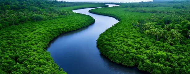 Wall Mural - an aerial shot of a mangrove forest, highlighting the flow of energy and nutrients between land and 