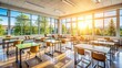 © Vibrant Visions Pixe - Modern sunlit classroom with neatly arranged desks and chairs, large windows, and a clean