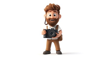 Cartoon photographer with beard and camera. 3D render character