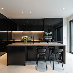 Sleek and modern black kitchen with minimalist design and ambient lighting