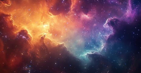 Wall Mural - a vibrant dynamic space scene with swirling colorful clouds and stars alongside different particles 