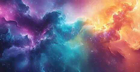 a vibrant dynamic space scene with swirling colorful clouds and stars alongside different particles 