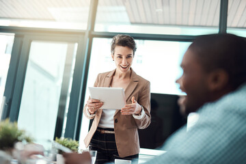 Poster - Presentation, tablet or woman in office with smile, ideas or positive reinforcement with team. Happy, speaker or tech in boardroom for workshop, seminar or feedback in company for growth or business