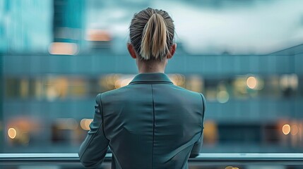 A professional woman gazes out at an urban skyline, embodying ambition and contemplation in a corporate setting.