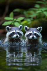 Wall Mural - raccoons splashing in a forest pond