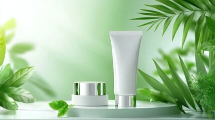 Wall Mural - Natural skincare products with green leaves