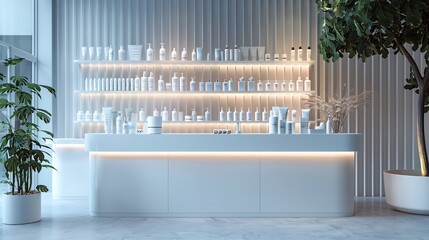 A large, empty white room with a white counter and shelves