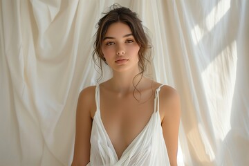 Closeup of a young woman with brown hair wearing a white, silky dress in front of a white background.