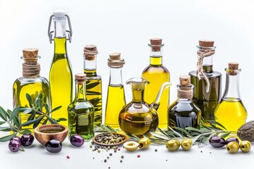 Various bottles of olive oil on a white background. Modern culinary style. It is perfect for kitchen decor, blogs, and websites. Aromatic and healthy oils. Generative AI