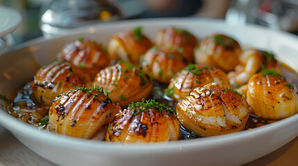 Escargots de Bourgogne in a white plate, in a luxurious shop.