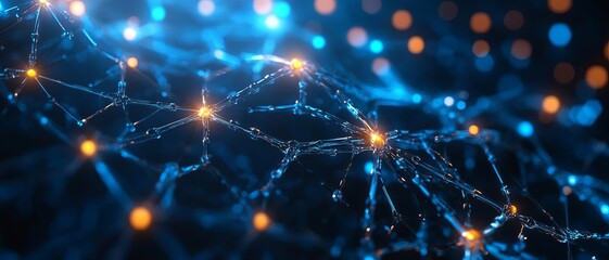 Abstract network illustration with glowing nodes and colorful lights, representing technology, data transfer, and connectivity.