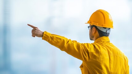 Engineer in yellow safety gear pointing forward