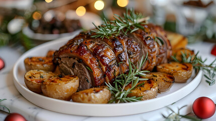 Gigot d'Agneau in a white plate, in a luxurious shop.