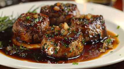 Gigot d'Agneau in a white plate, in a luxurious shop.