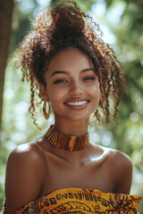 Wall Mural - Smiling African American Teenager with Curly Hair Posing Outdoors in Summer Nature