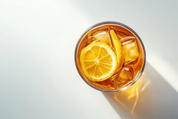 Glass of chilled citrus infusion on light surface viewed from top