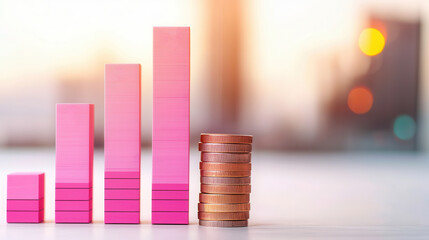 Wall Mural - Pink Bar Graph and Stacked Coins on White Background.