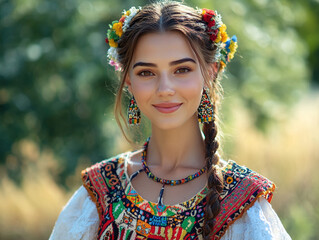 Wall Mural - Summer Beauty: Woman and Child Smiling in Flower Garland in Green Meadow