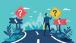 © PUSPO - flat design Big Business decision making, career path, choose the right way to success concept, confusing businessman looking at multiple road sign with question