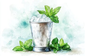 Mint Julep in Frosted Silver Cup, showcasing fresh mint garnish, set against a Kentucky Derby-themed backdrop, vibrant colors, airbrushed watercolor style