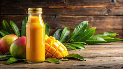 Mango juice bottle surrounded by fresh mango fruits , tropical, refreshment, beverage, drink, juice, sweet, healthy, organic