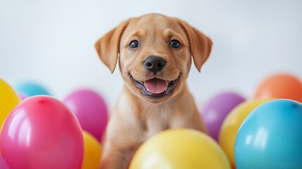 Happy puppy surrounded by colorful Easter eggs in a bright setting