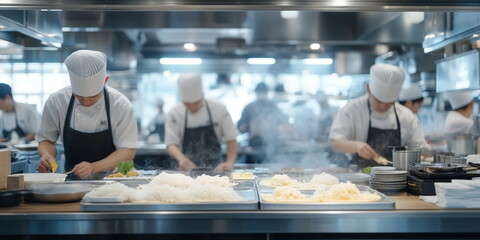 Wall Mural - Busy Japanese restaurant. staff in motion. hand edited generative AI.
