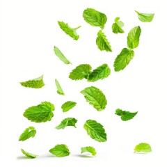 Falling mint leaves, spearmint, isolated on white background, full depth of field 