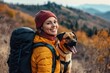 © Web - Happy Thanksgiving With Dog. Smiling Woman Hiking with Dog on Vacation in Mountain Landscape