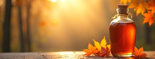 Wall Mural - Amber maple syrup bottle glowing in autumn sunlight against blurred forest background with copy space