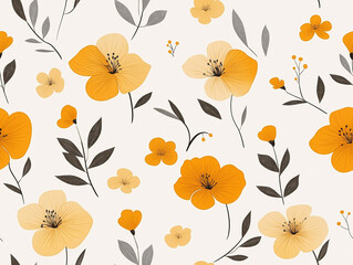 Sticker - Yellow and beige flowers with delicate leaves on a white seamless pattern, perfect for textiles or wallpapers. The composition is light, simple, and visually calming.