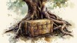 © ธิดาพร สูญราช - Tree roots wrapped around a treasure chest, hidden riches, watercolor style