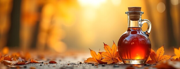 Wall Mural - Maple syrup bottle glowing warmly among autumn leaves against golden forest background