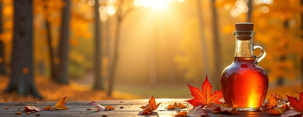 Wall Mural - Maple syrup bottle glowing warmly among autumn leaves in golden forest