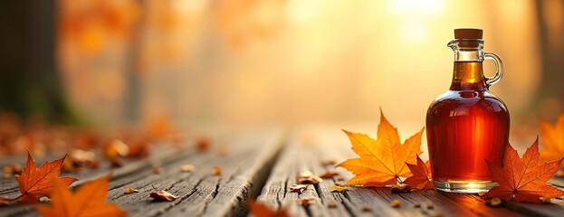 Wall Mural - Maple Syrup Bottle Glowing Warmly Among Autumn Leaves on Rustic Wooden Table