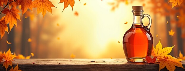Wall Mural - Maple syrup bottle with vibrant autumn leaves against golden forest background with copy space