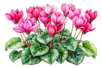 Wall Mural - Watercolor Painting of Pink Cyclamen Flowers with Green Leaves.