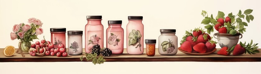 Product display, organized grid, high-quality items, Watercolor style